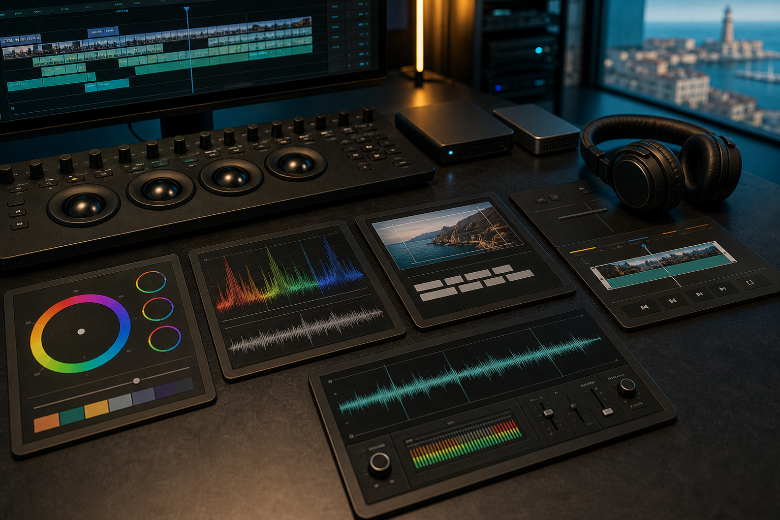 Pannelli di color correction e tracce audio in fase di rifinitura