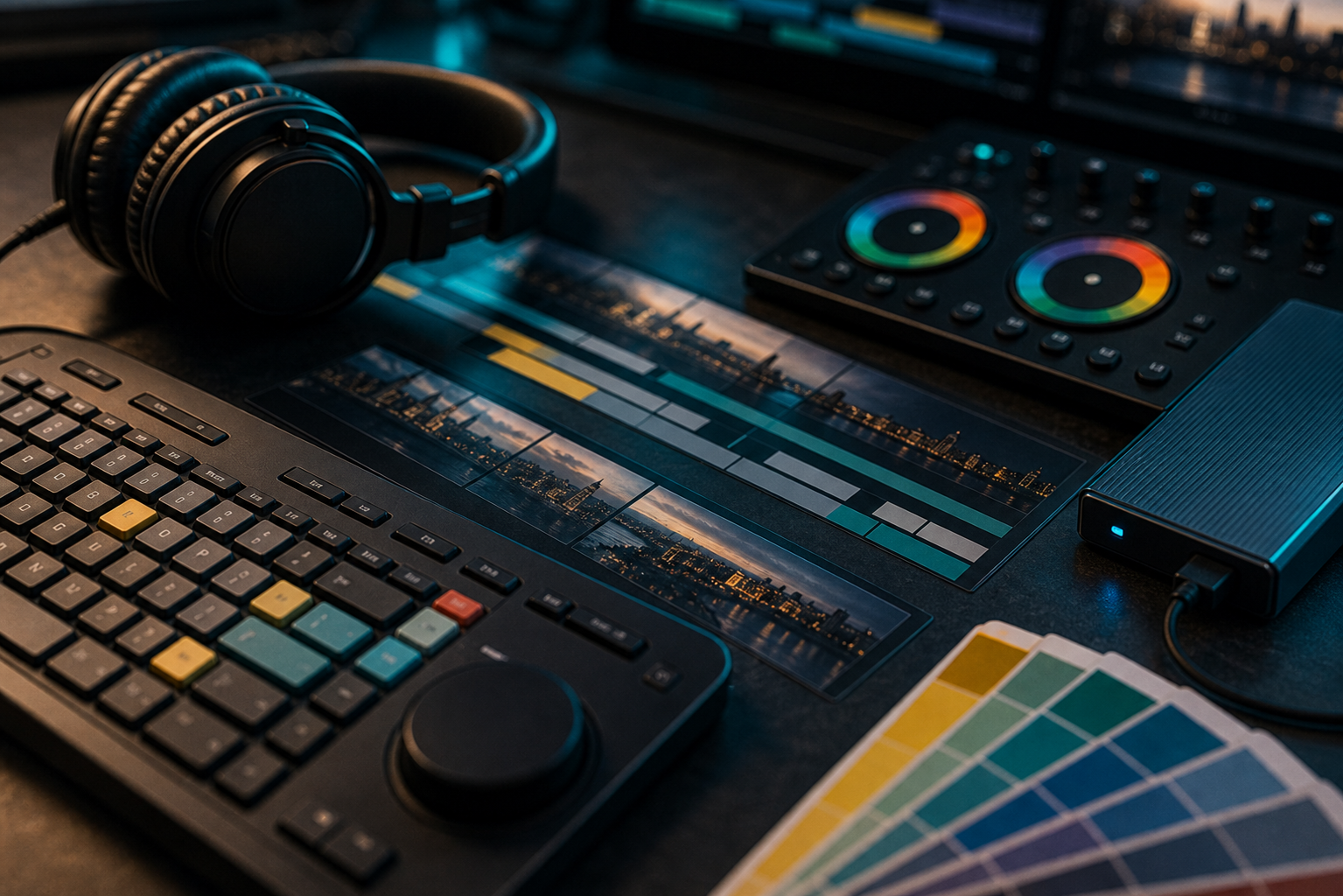 Dettaglio della console di color e audio in post-produzione